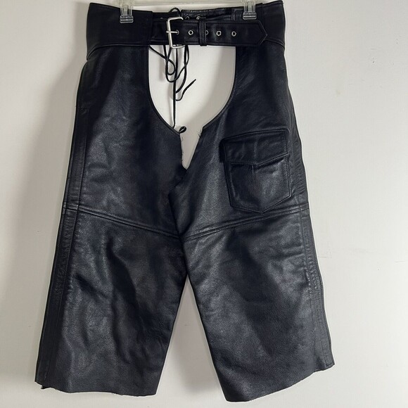 Vintage Genuine Leather Black Chaps Size Large - Altered - Picture 1 of 9